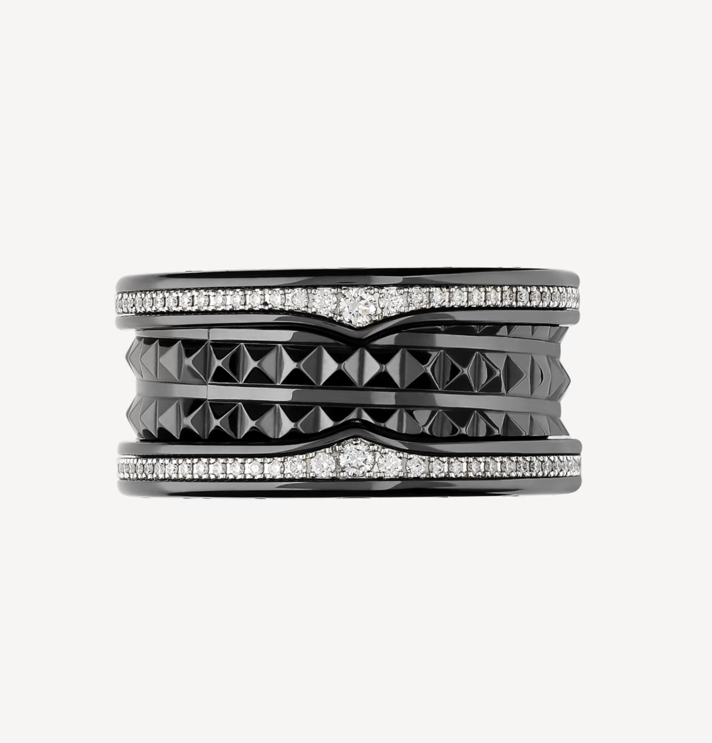 [Perla Lux]ZERO 1 ROCK FOUR-BAND BLACK CERAMIC WITH STUDDED SPIRAL AND PAVED DIAMONDS RING