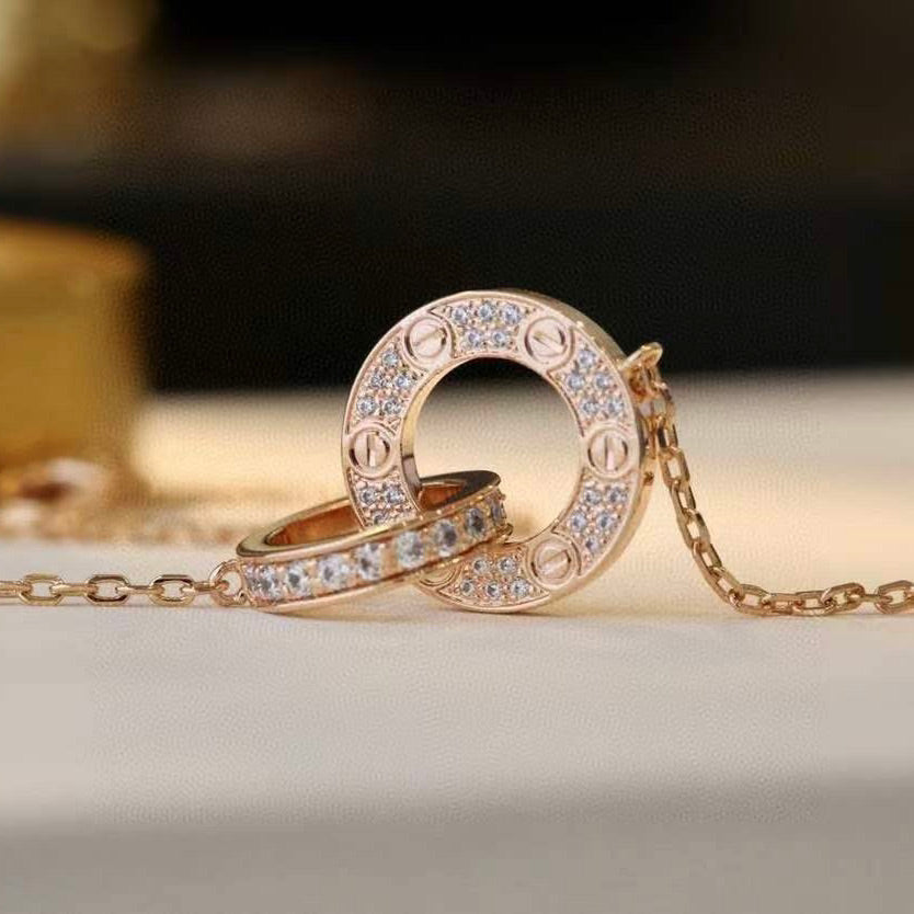 [Perla Lux]LOVE 7.6MM NECKLACE ROSE GOLD AND SILVER  FULL DIAMOND