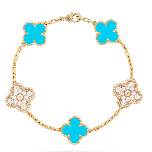 [Perla Lux]CLOVER 5 MOTIF TURQUOISE DIAMOND GOLD BRACELET