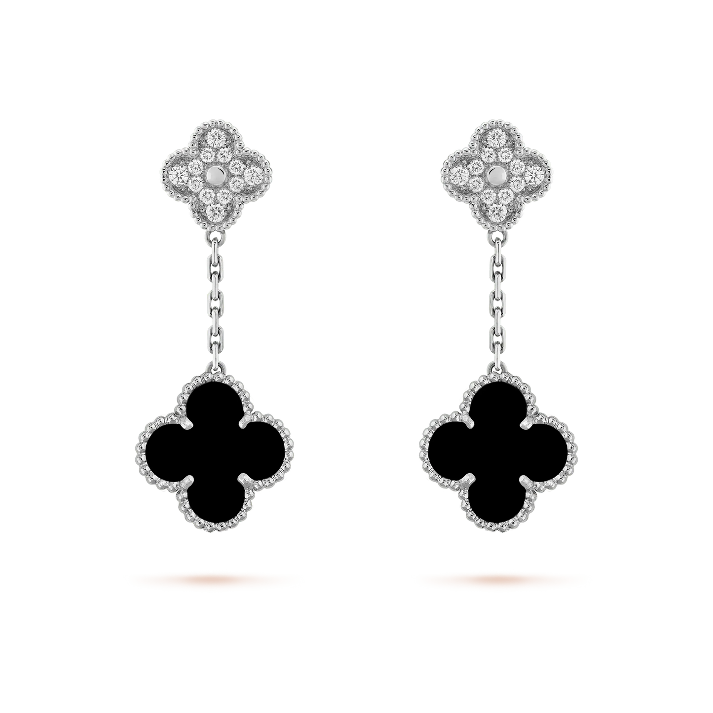 [Perla Lux]CLOVER 2 MOTIFS  DIAMOND ONYX EARRINGS SILVER