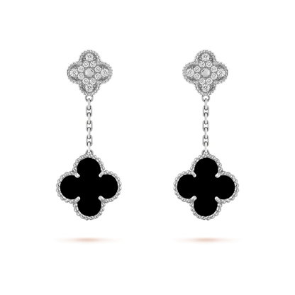 [Perla Lux]CLOVER 2 MOTIFS  DIAMOND ONYX EARRINGS SILVER