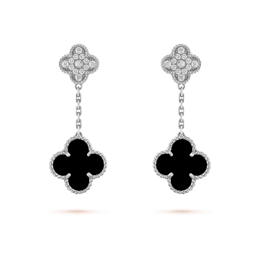 [Perla Lux]CLOVER 2 MOTIFS  DIAMOND ONYX EARRINGS SILVER