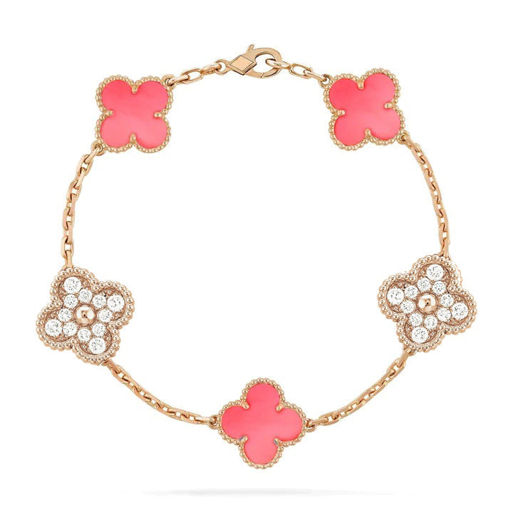 [Perla Lux]CLOVER 5 MOTIF DIAMOND PINK MOP PINK GOLD BRACELET