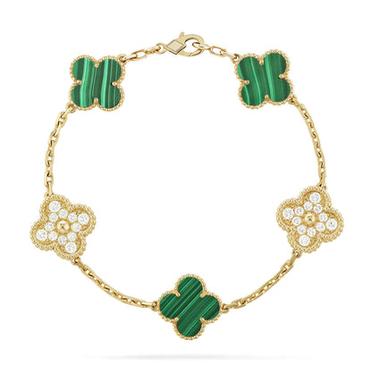 [Perla Lux]CLOVER  5 MOTIF MALACHITE DIAMOND BRACELET