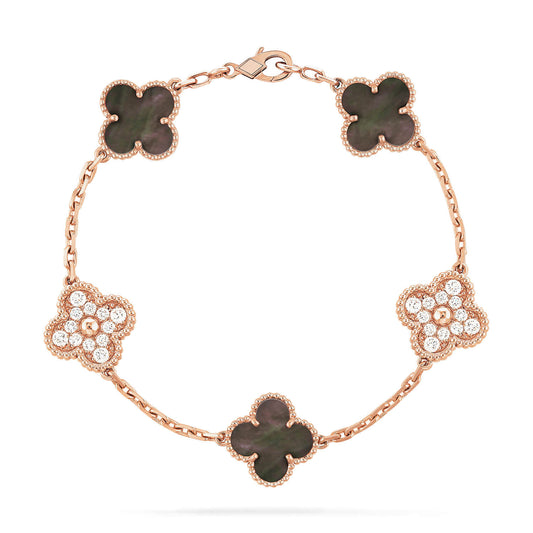 [Perla Lux]CLOVER 5 MOTIFS DARK MOP AND DIAMONDS PINK GOLD BRACELET