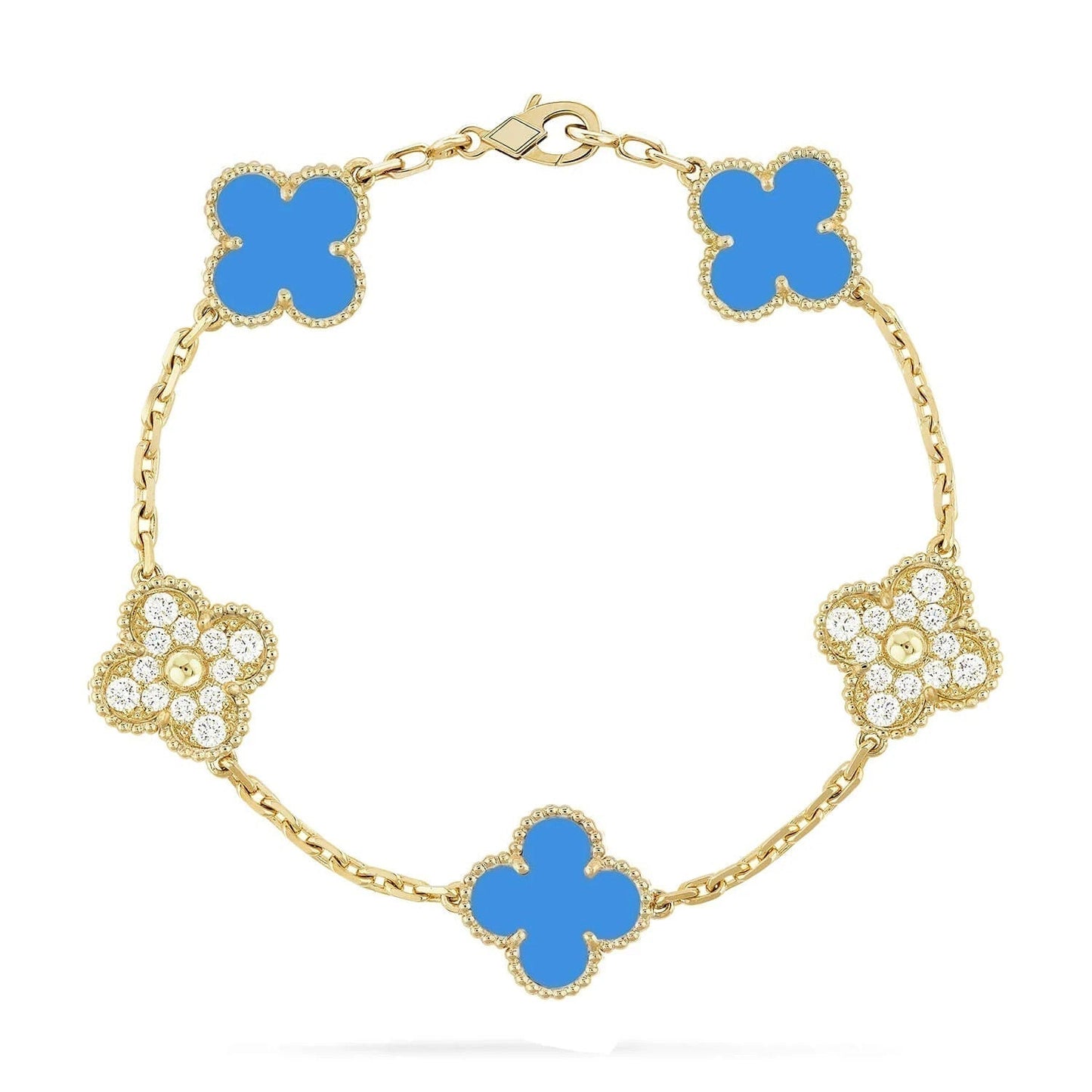 [Perla Lux]CLOVER 5 MOTIF BLUE CHALCEDONY DIAMOND GOLD BRACELET