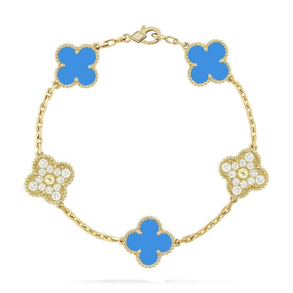 [Perla Lux]CLOVER 5 MOTIF BLUE CHALCEDONY DIAMOND GOLD BRACELET