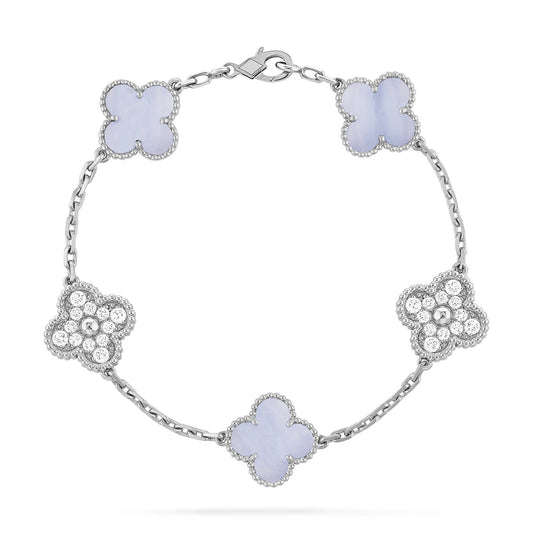 [Perla Lux]CLOVER  5 MOTIF DIAMOND PURPLE CHALCEDONY BRACELET SILVER