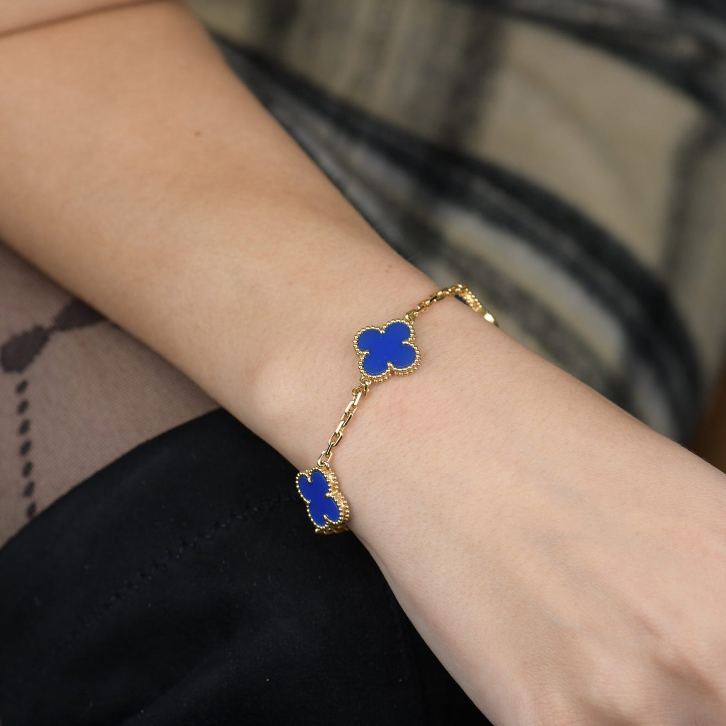 [Perla Lux]CLOVER 5 MOTIFS BLUE AGATE BRACELET
