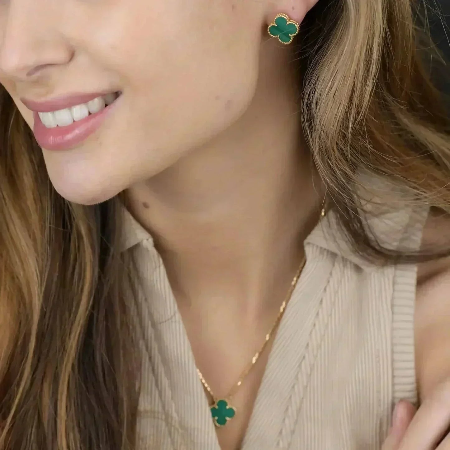 [Perla Lux]CLOVER MINI 9.5MM MALACHITE  EARRINGS