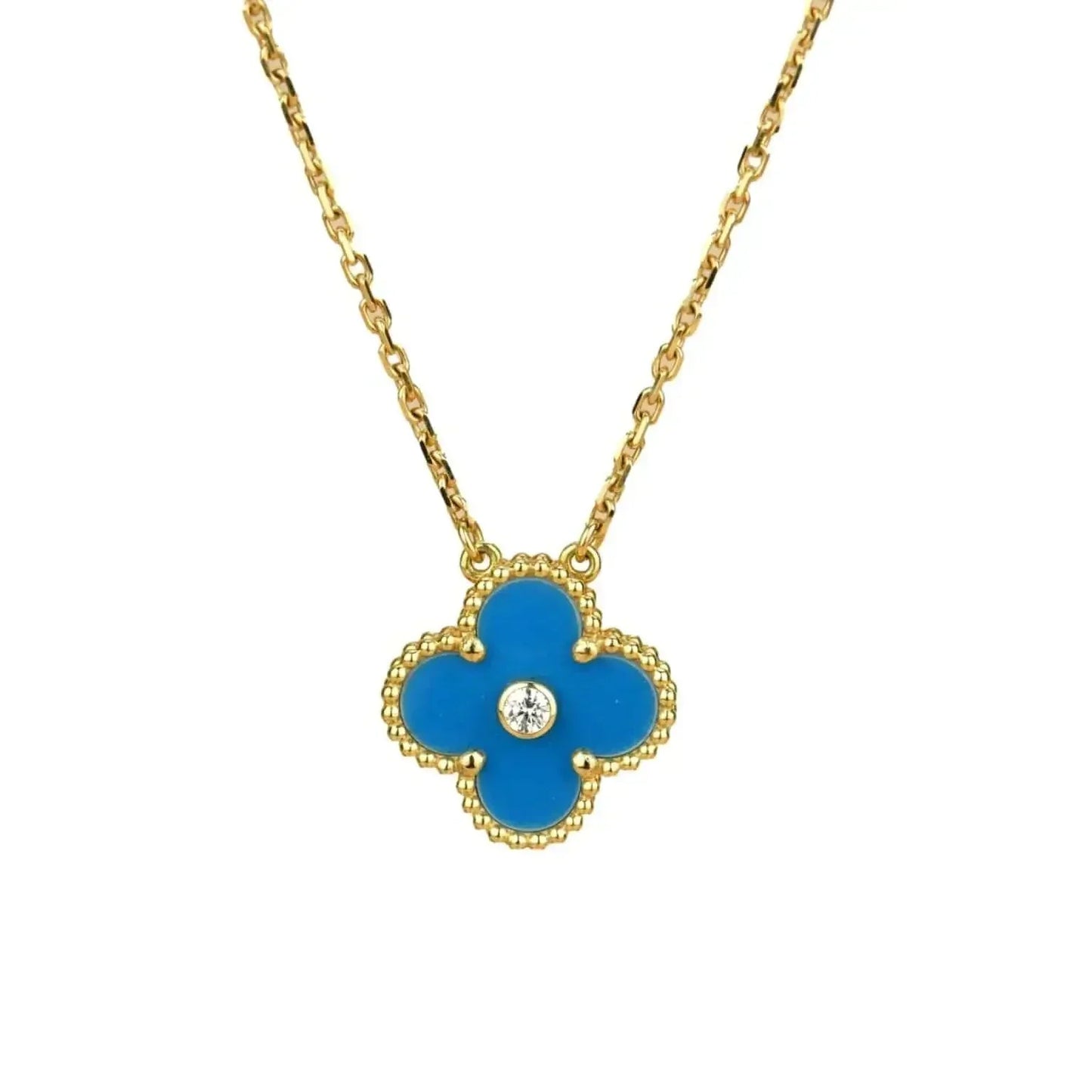 [Perla Lux]CLOVER 15MM DIAMOND AND BLUE AGATE NECKLACE