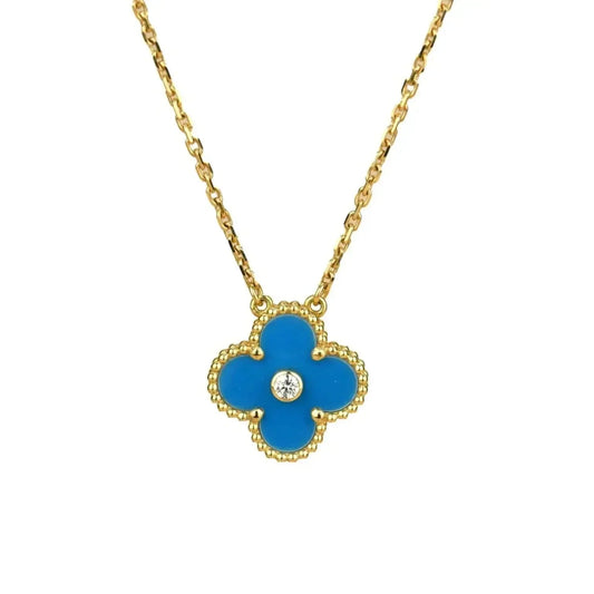 [Perla Lux]CLOVER 15MM DIAMOND AND BLUE AGATE NECKLACE
