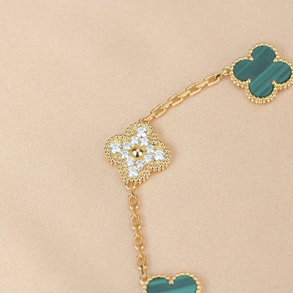 [Perla Lux]CLOVER  5 MOTIF MALACHITE DIAMOND BRACELET