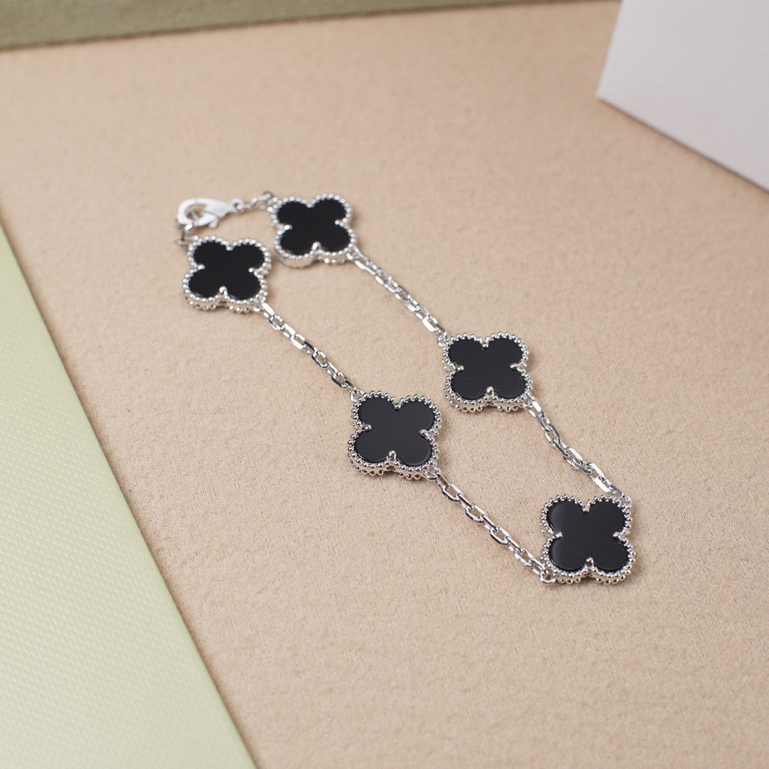 [Perla Lux]CLOVER 5 MOTIF ONYXS  BRACELET SILVER