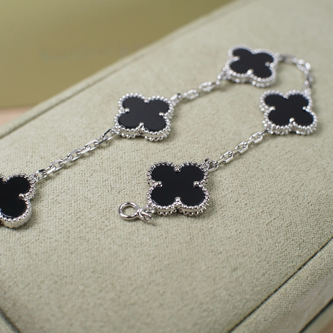 [Perla Lux]CLOVER 5 MOTIF ONYXS  BRACELET SILVER