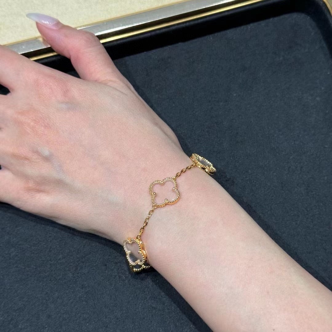 [Perla Lux]CLOVER 5 MOTIF ROCK CRYSTAL PINK GOLD BRACELET