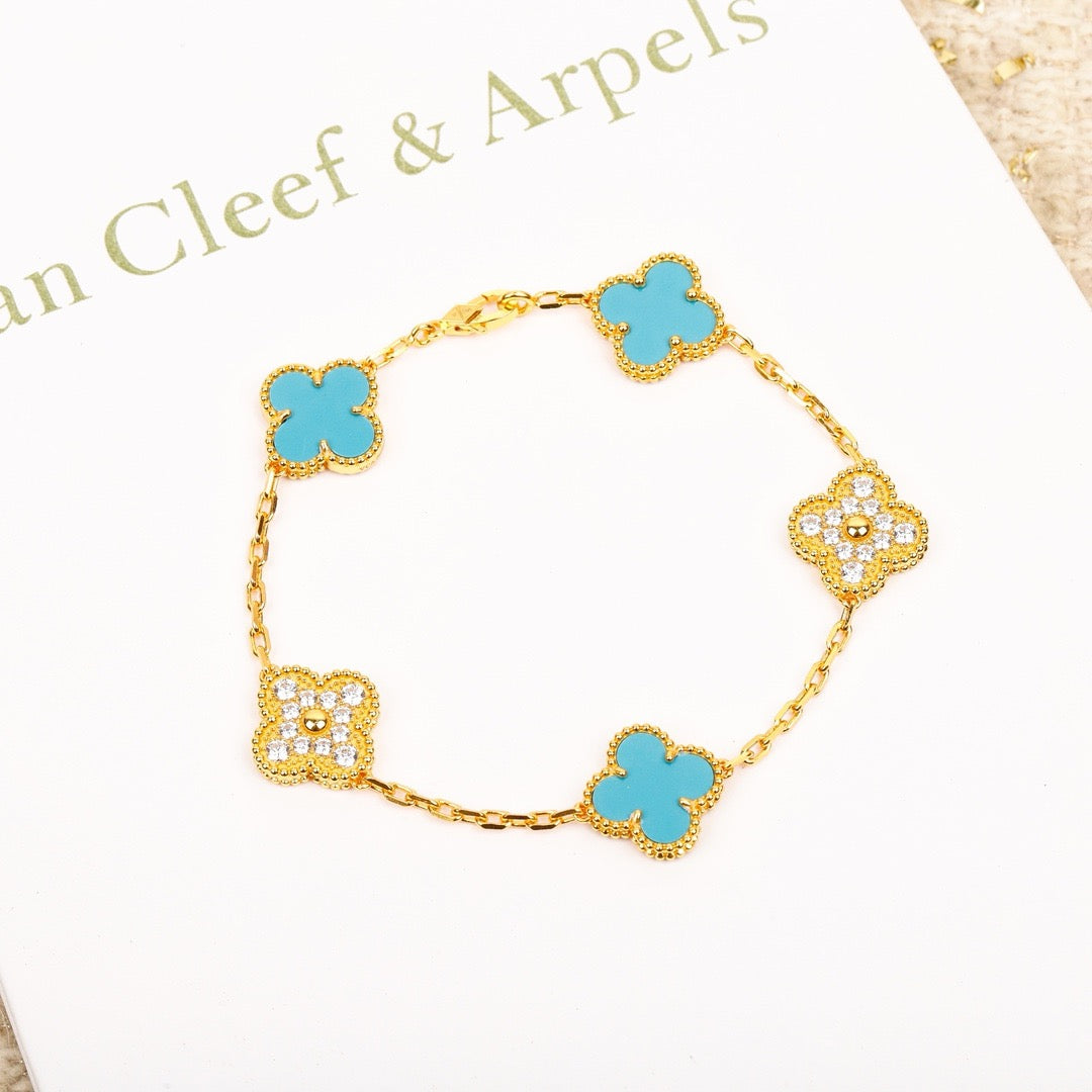[Perla Lux]CLOVER 5 MOTIF TURQUOISE DIAMOND GOLD BRACELET