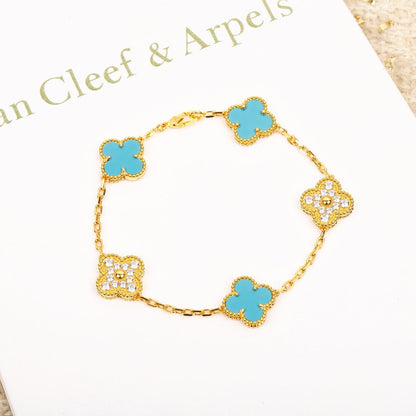 [Perla Lux]CLOVER 5 MOTIF TURQUOISE DIAMOND GOLD BRACELET