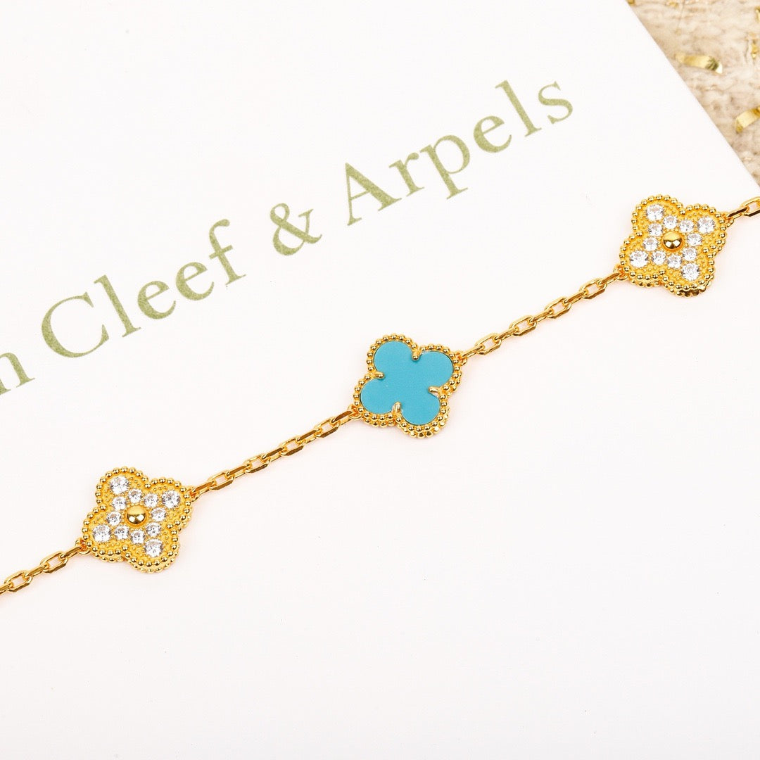 [Perla Lux]CLOVER 5 MOTIF TURQUOISE DIAMOND GOLD BRACELET