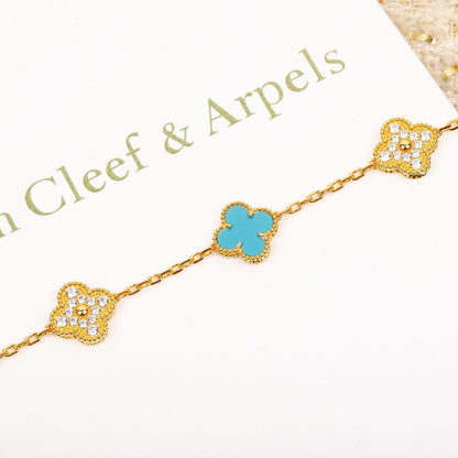 [Perla Lux]CLOVER 5 MOTIF TURQUOISE DIAMOND GOLD BRACELET