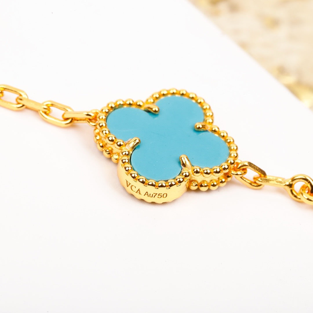[Perla Lux]CLOVER 5 MOTIF TURQUOISE DIAMOND GOLD BRACELET
