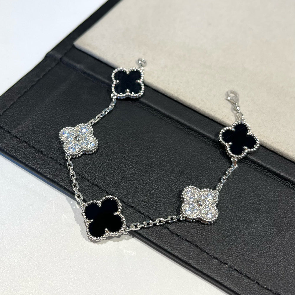 [Perla Lux]CLOVER 5 MOTIF ONYXS DIAMOND BRACELET SILVER