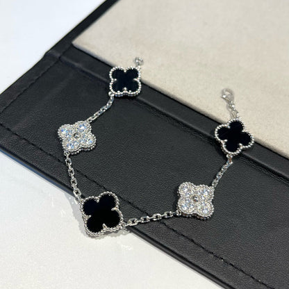[Perla Lux]CLOVER 5 MOTIF ONYXS DIAMOND BRACELET SILVER