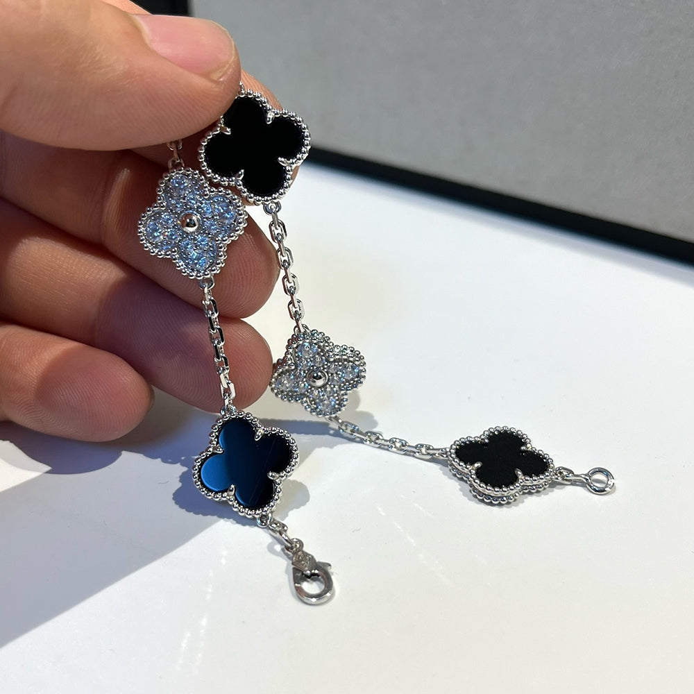 [Perla Lux]CLOVER 5 MOTIF ONYXS DIAMOND BRACELET SILVER