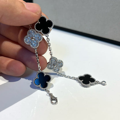[Perla Lux]CLOVER 5 MOTIF ONYXS DIAMOND BRACELET SILVER