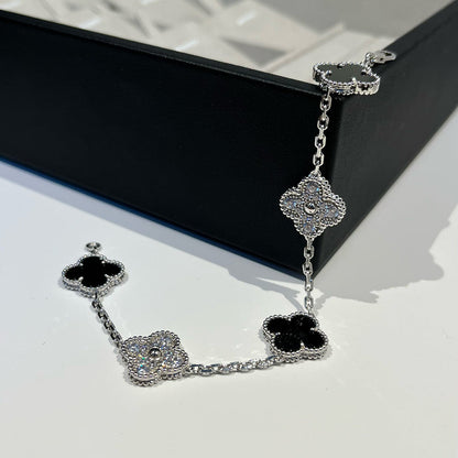 [Perla Lux]CLOVER 5 MOTIF ONYXS DIAMOND BRACELET SILVER