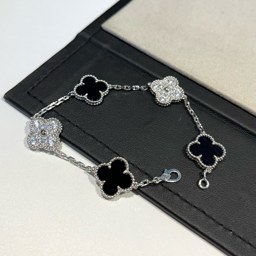 [Perla Lux]CLOVER 5 MOTIF ONYXS DIAMOND BRACELET SILVER