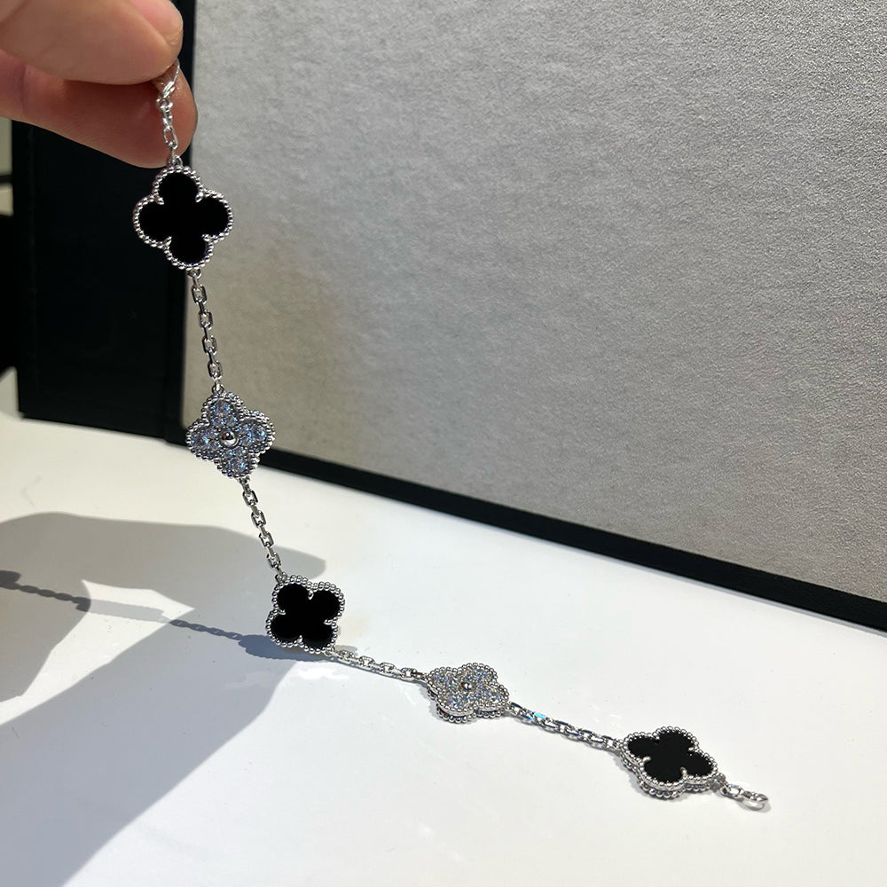[Perla Lux]CLOVER 5 MOTIF ONYXS DIAMOND BRACELET SILVER