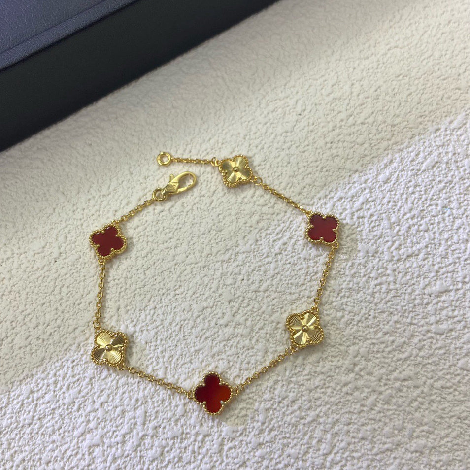 [Perla Lux]CLOVER 6 MOTIF RED AGATE LASER BRACELET