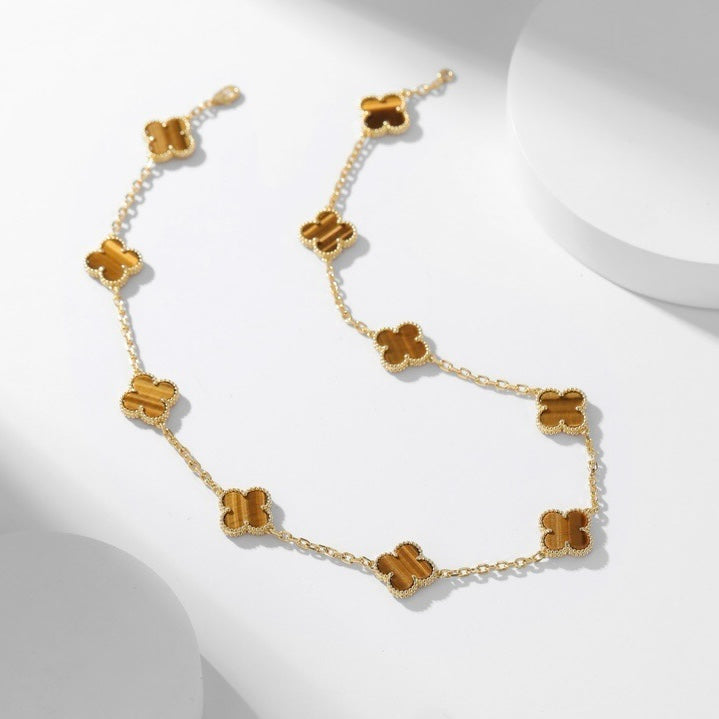 [Perla Lux]CLOVERS THE 10-MOTIFS TIGER EYE NECKLACE