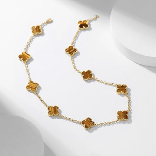 [Perla Lux]CLOVERS THE 10-MOTIFS TIGER EYE NECKLACE