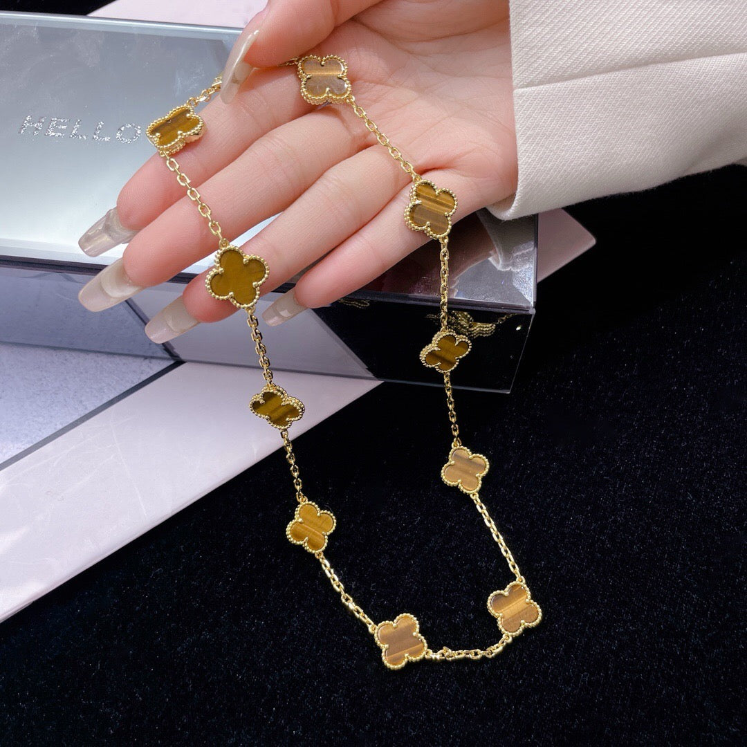 [Perla Lux]CLOVERS THE 10-MOTIFS TIGER EYE NECKLACE