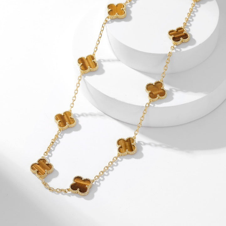 [Perla Lux]CLOVERS THE 10-MOTIFS TIGER EYE NECKLACE