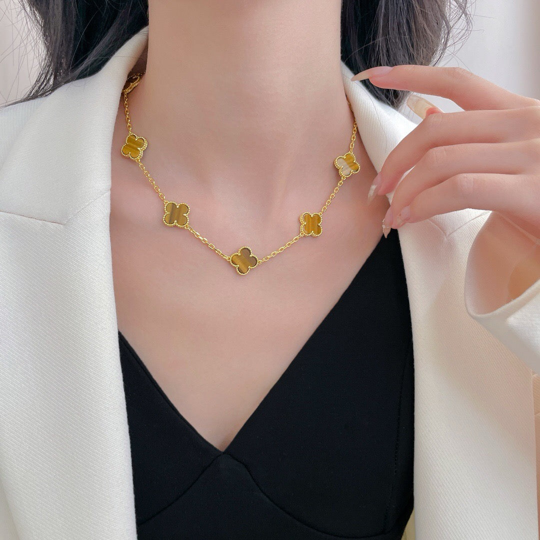 [Perla Lux]CLOVERS THE 10-MOTIFS TIGER EYE NECKLACE