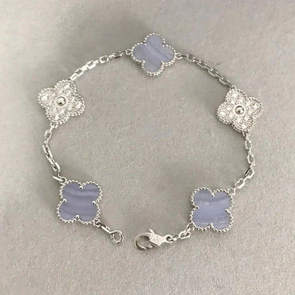 [Perla Lux]CLOVER  5 MOTIF DIAMOND PURPLE CHALCEDONY BRACELET SILVER