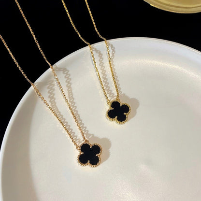 [Perla Lux]CLOVER 15MM BLACK ONYX SINGLE FLOWER NECKLACE