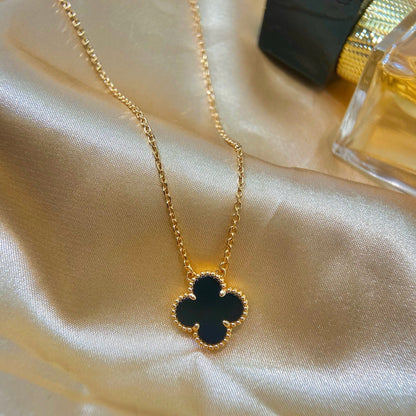 [Perla Lux]CLOVER 15MM BLACK ONYX SINGLE FLOWER NECKLACE