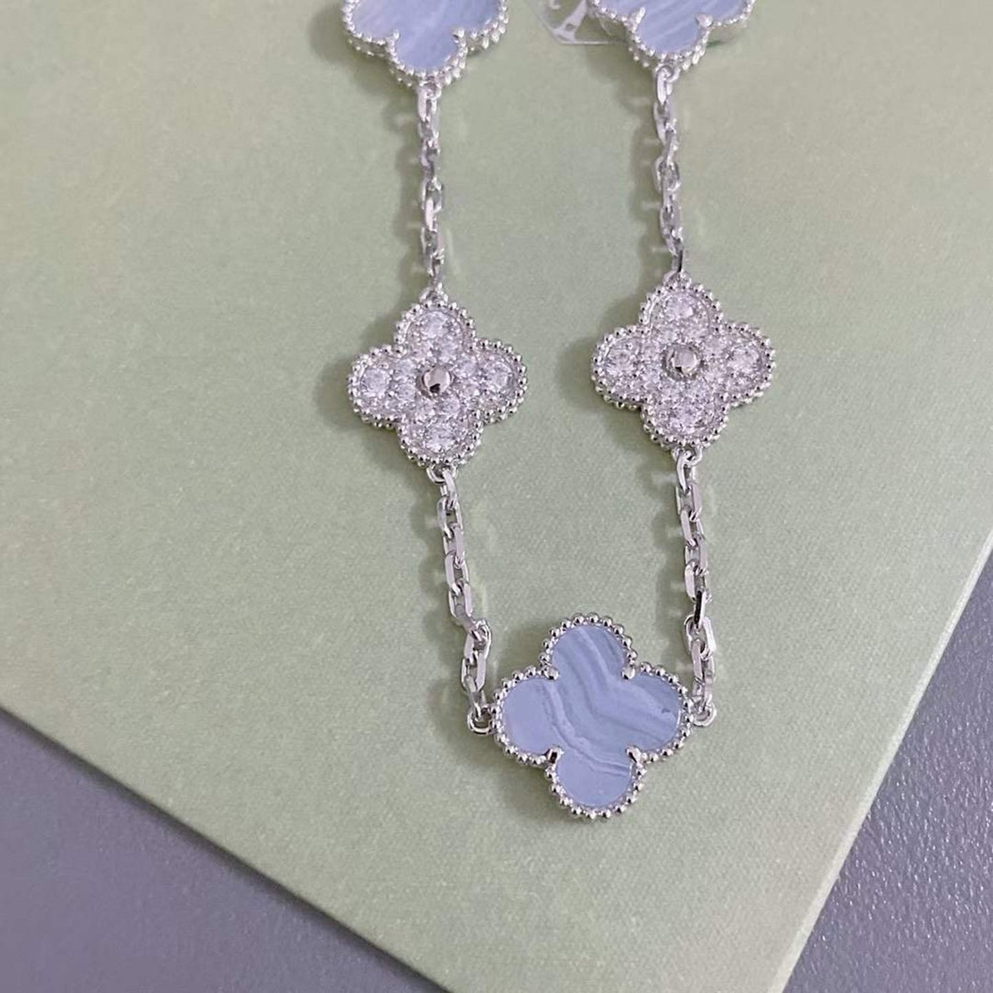 [Perla Lux]CLOVER  5 MOTIF DIAMOND PURPLE CHALCEDONY BRACELET SILVER