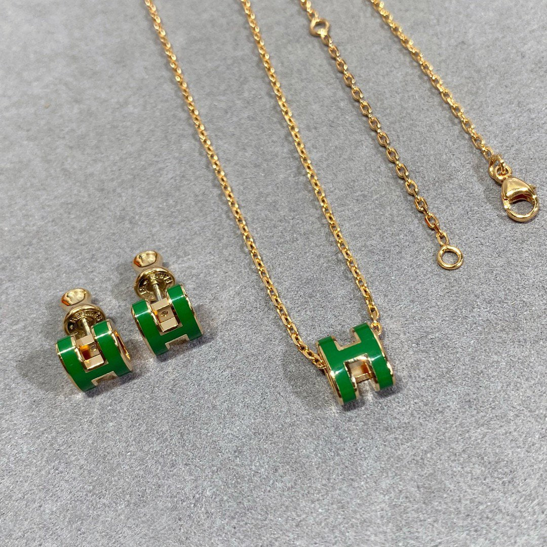 [Perla Lux]POP H GREEN NECKLACE SILVER AND GOLD