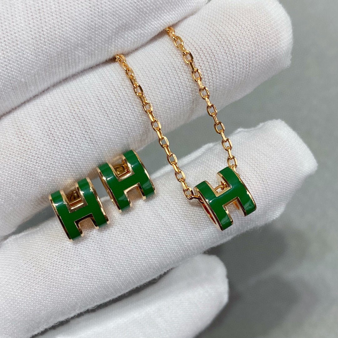 [Perla Lux]POP H GREEN NECKLACE SILVER AND GOLD