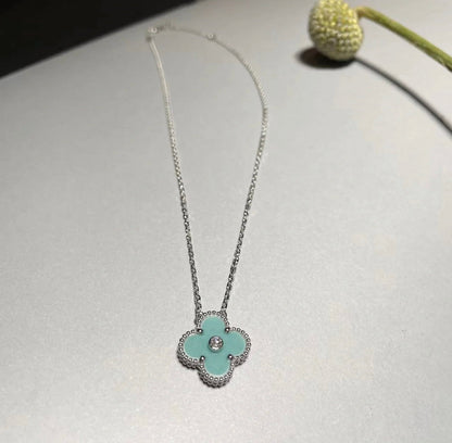[Perla Lux]CLOVER 1 DIAMOND LIGHT BLUE SILVER NECKLACE