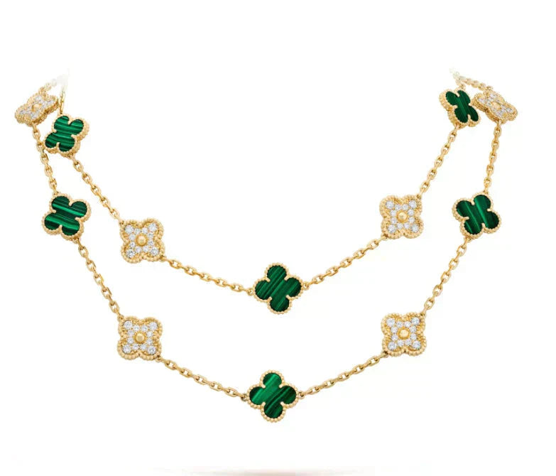 [Perla Lux]CLOVER 20 MOTIFS MALACHITE DIAMOND NECKLACE