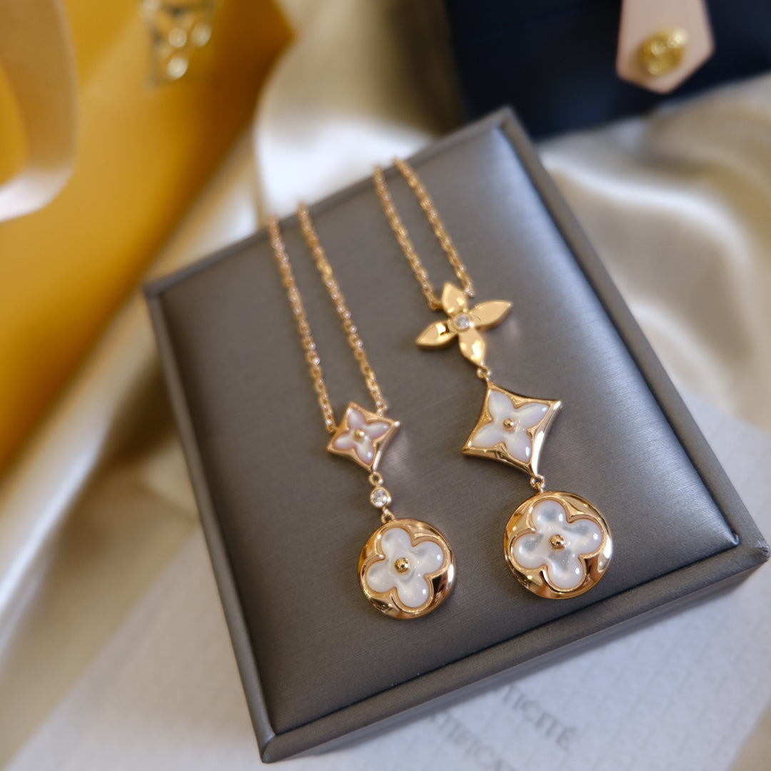 [Perla Lux]COLOR BLOSSOM LARIAT NECKLACE PINK GOLD WHITE MOTHER PEARL AND DIAMOND