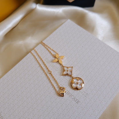 [Perla Lux]COLOR BLOSSOM LARIAT NECKLACE PINK GOLD WHITE MOTHER PEARL AND DIAMOND