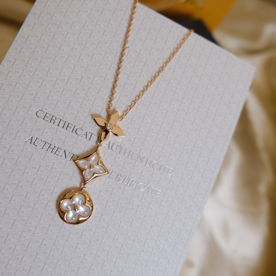 [Perla Lux]COLOR BLOSSOM LARIAT NECKLACE PINK GOLD WHITE MOTHER PEARL AND DIAMOND