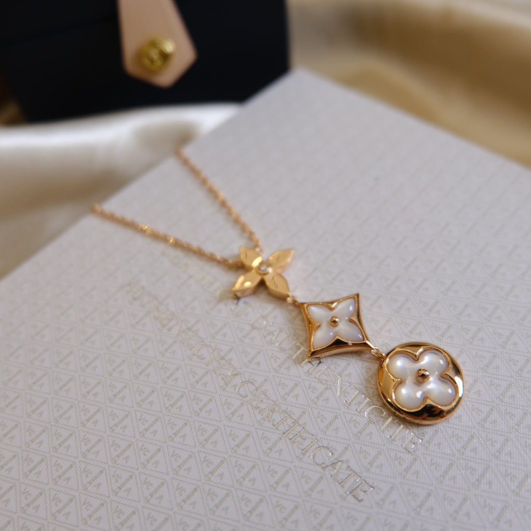 [Perla Lux]COLOR BLOSSOM LARIAT NECKLACE PINK GOLD WHITE MOTHER PEARL AND DIAMOND